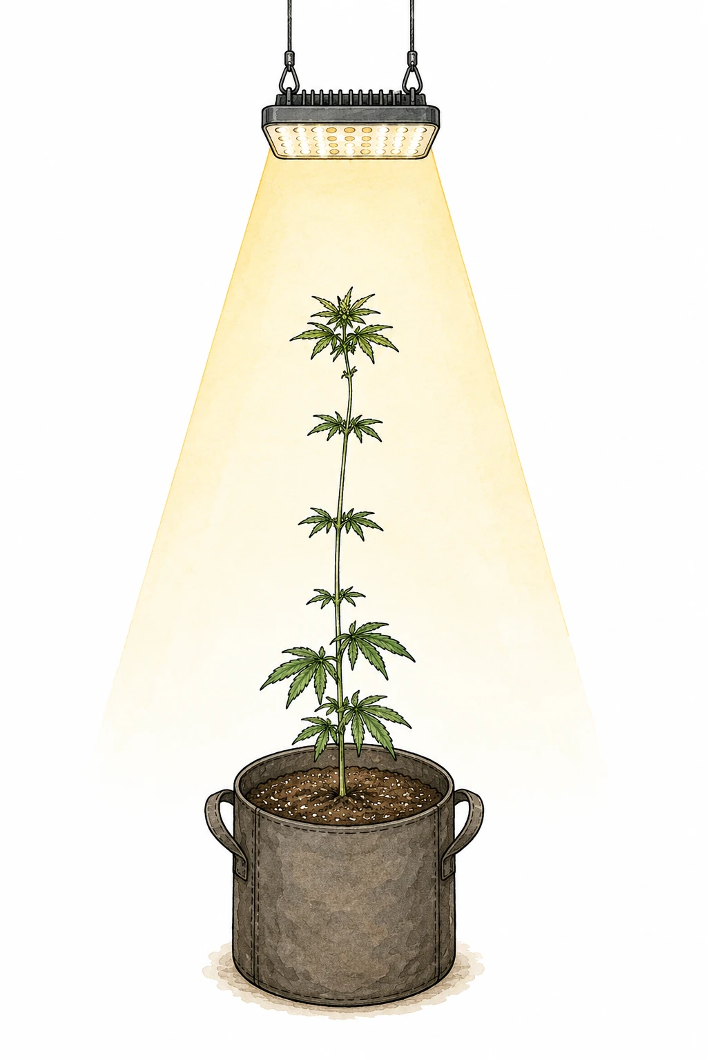 Cannabis Etiolierung Pflanze streckt sich nach LED Lampe