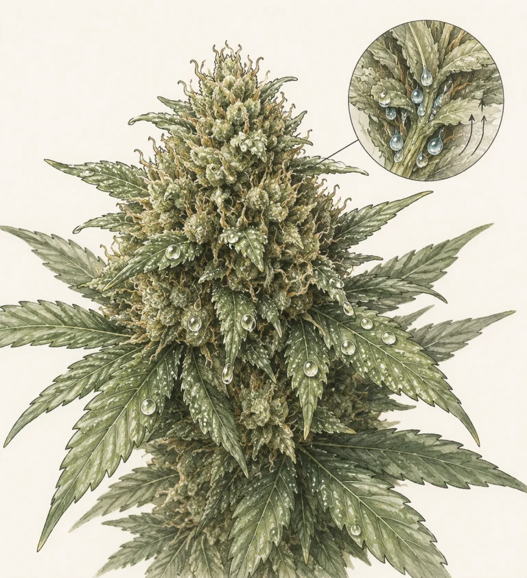 Dichte Cannabisblüte mit sichtbaren Wassertropfen zwischen den Blütenblättern und angestauter Feuchtigkeit