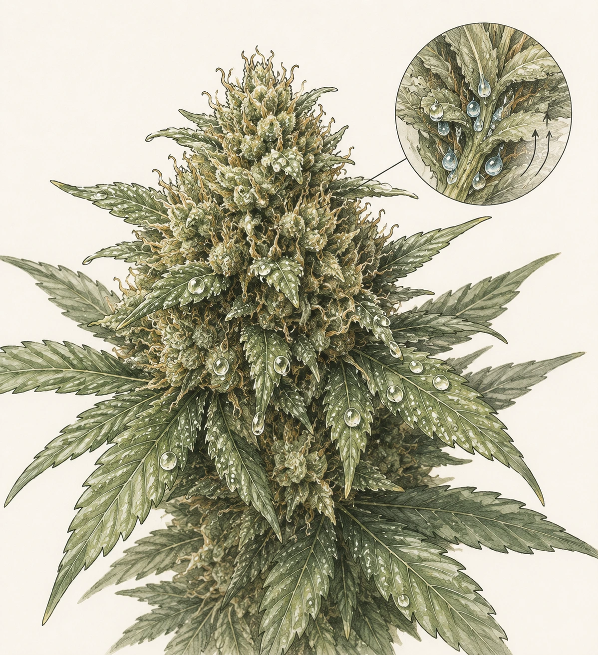 Dichte Cannabisblüte mit sichtbaren Wassertropfen zwischen den Blütenblättern und angestauter Feuchtigkeit