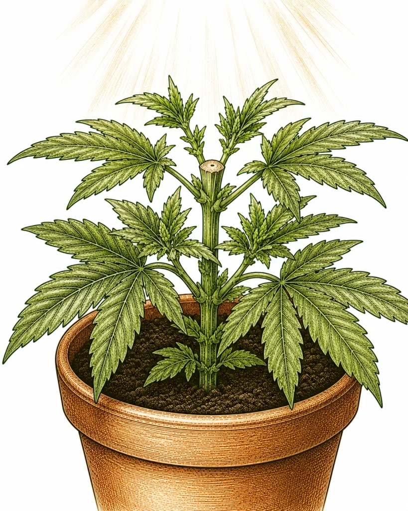 FIM Methode Cannabis — Wachstumsspitze zu drei Viertel abgetrennt, vier neue Triebe sprießen