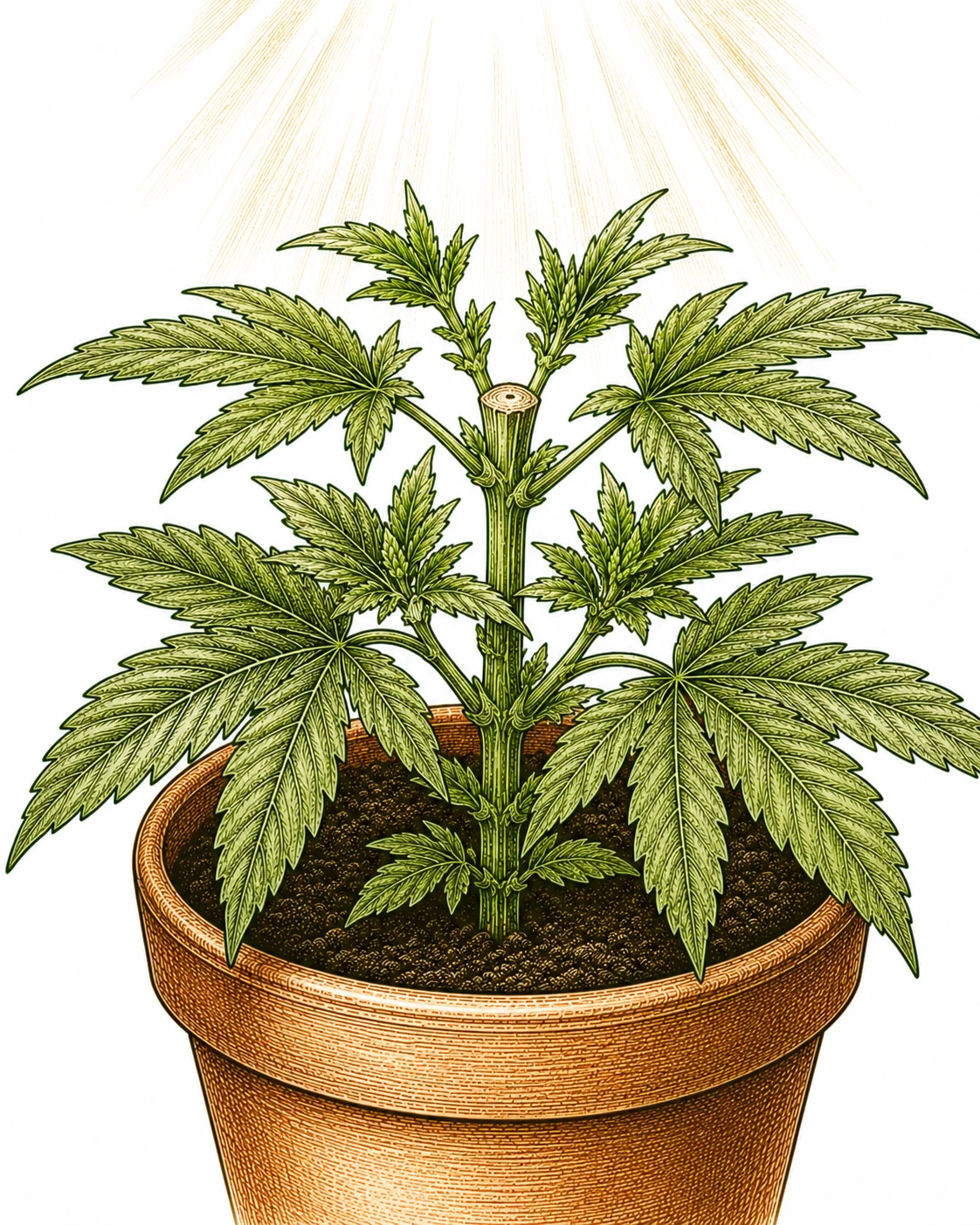FIM Methode Cannabis — Wachstumsspitze zu drei Viertel abgetrennt, vier neue Triebe sprießen