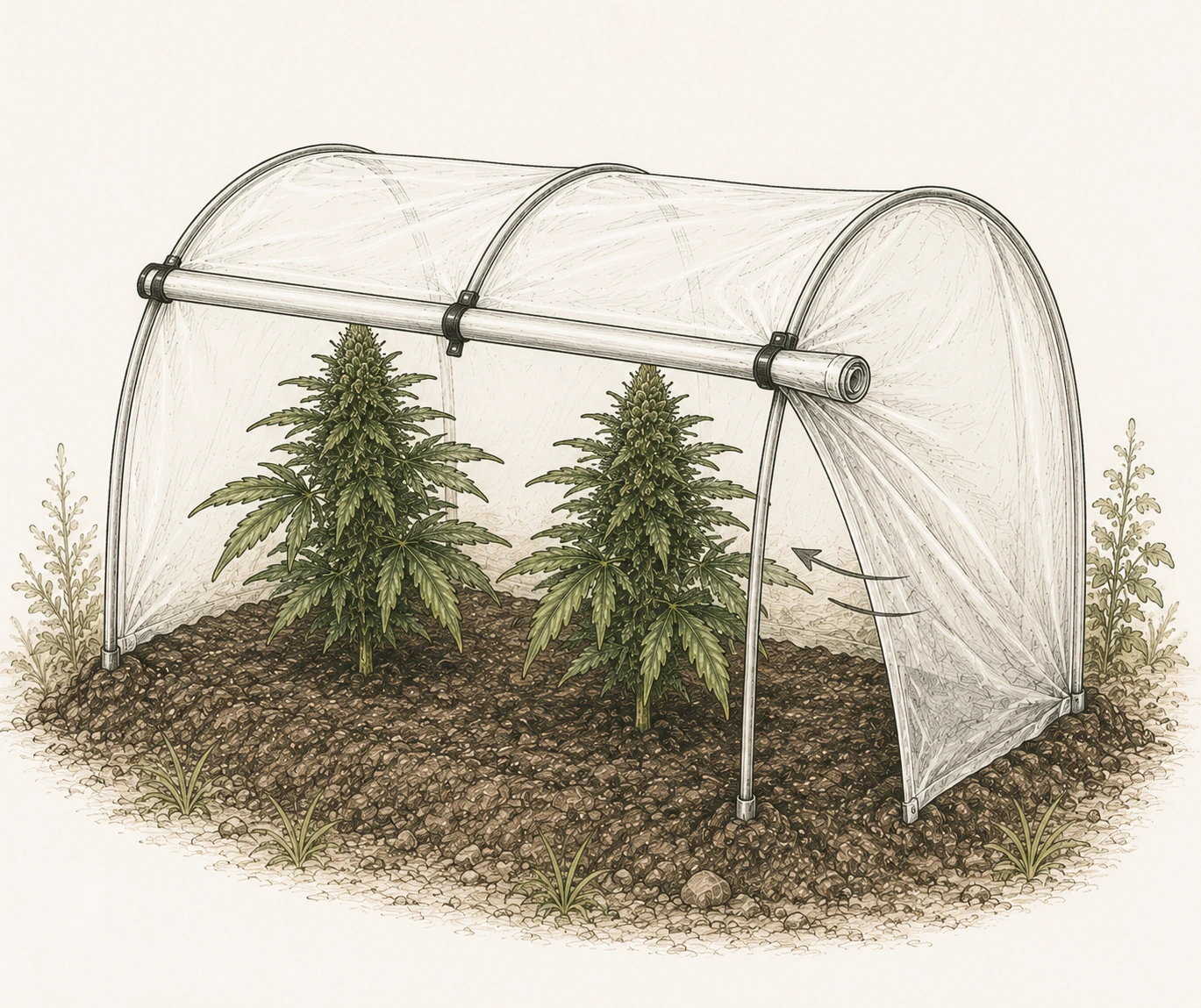 Zwei Outdoor-Cannabispflanzen unter einem einfachen Folientunnel mit seitlicher Öffnung zur Belüftung