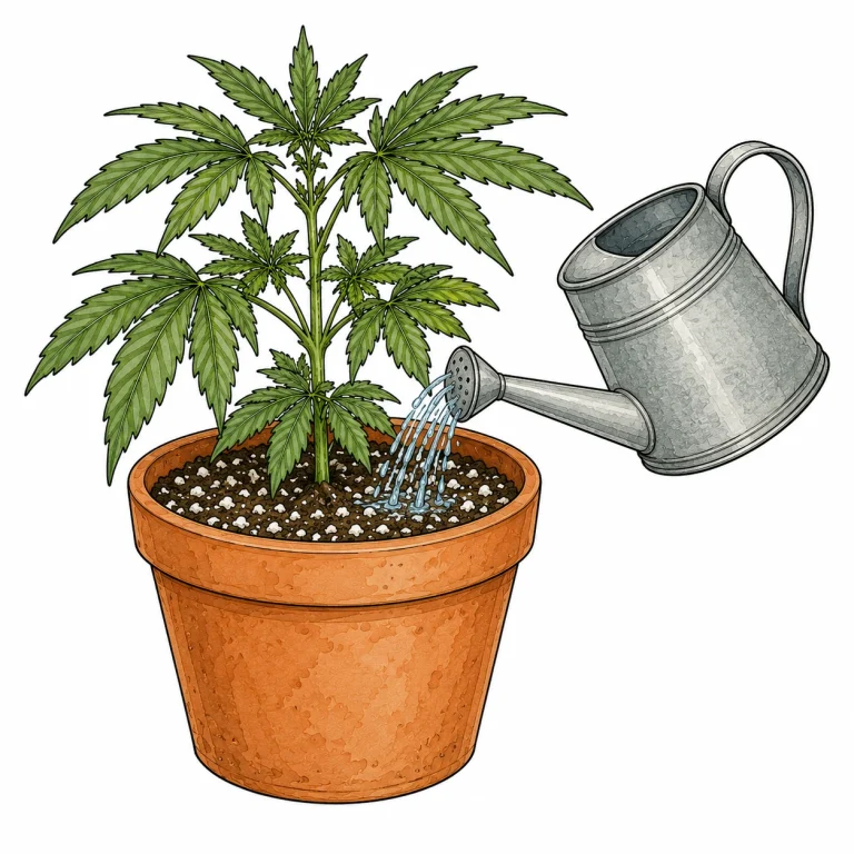Grower gießt Cannabispflanze mit Gießkanne in gut drainiertes Substrat mit sichtbaren Perlite-Körnern