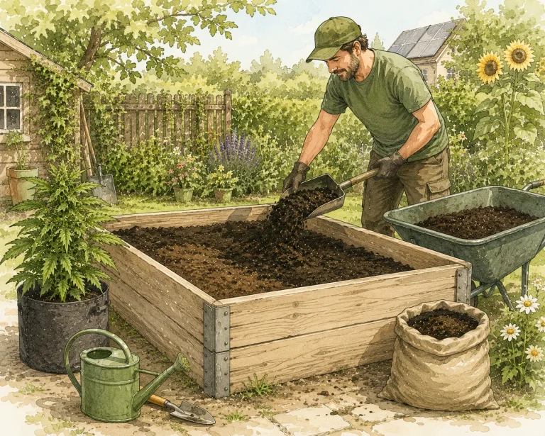 Gärtner mischt Komposterde in ein Hochbeet für den Outdoor-Anbau von Cannabis in einem sonnigen Garten