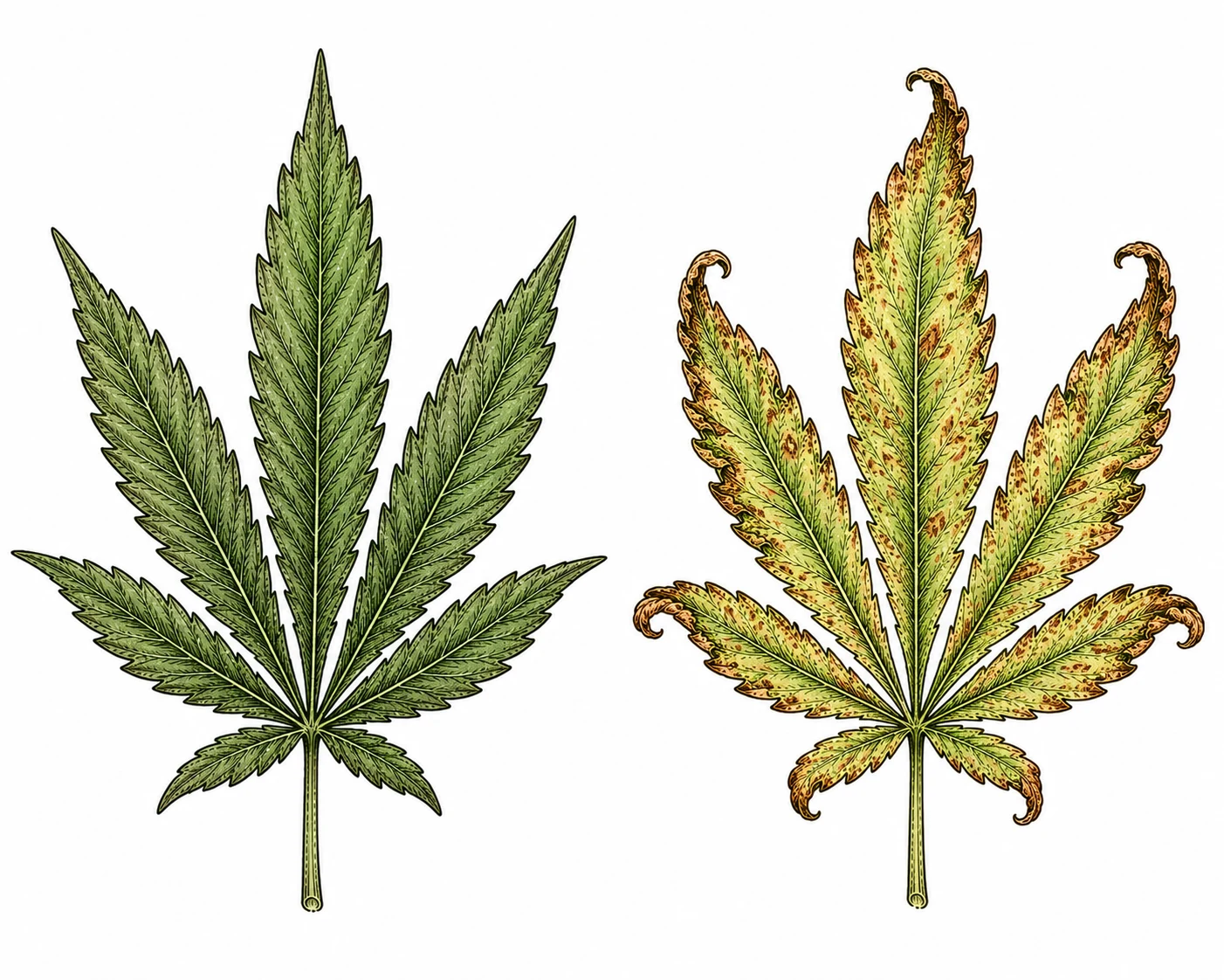 Kalziummangel Cannabis Symptome im Vergleich zu gesundem Blatt