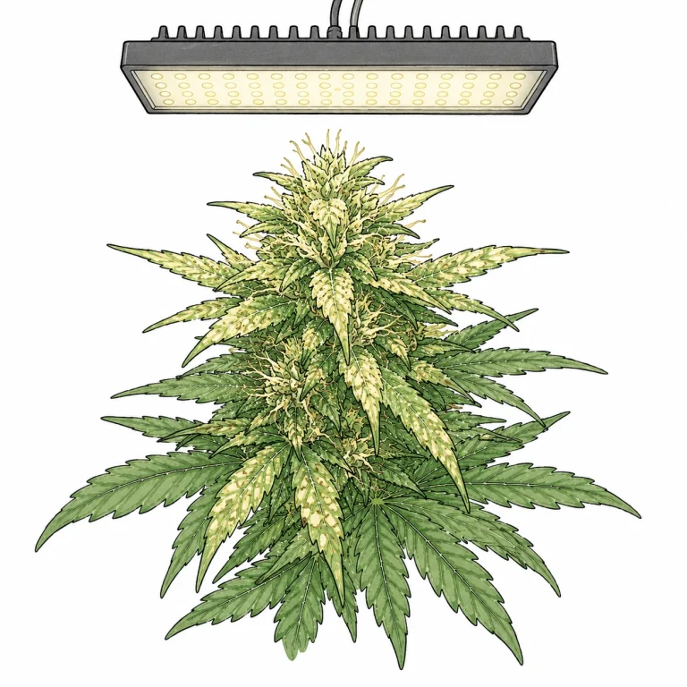 Cannabis LED-Lichtverbrennung erkennen: weißlich-gelbe Flecken auf den obersten Blättern unter starker LED-Lampe