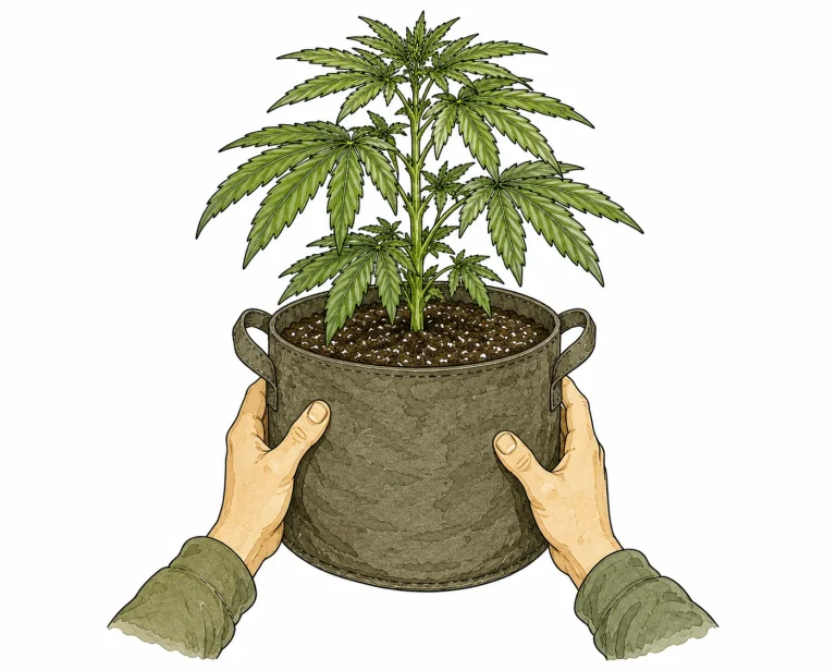 Grower hält Cannabistopf hoch und prüft das Gewicht – Lift-Test zur Gießkontrolle