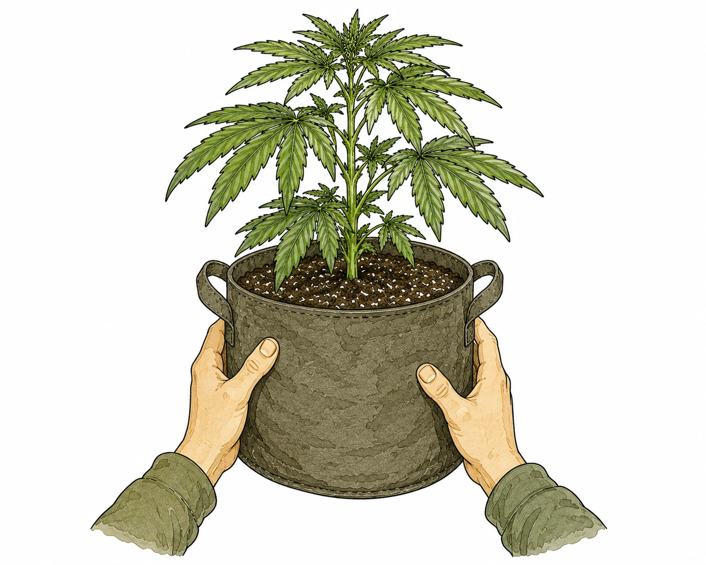 Grower hält Cannabistopf hoch und prüft das Gewicht – Lift-Test zur Gießkontrolle
