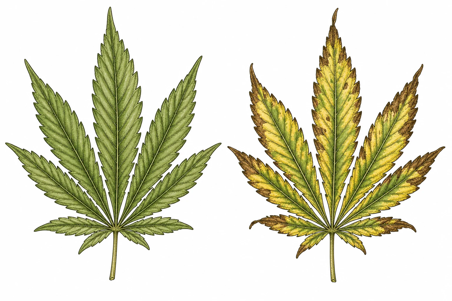 Cannabis Blattvergleich gesund und Überdüngung Living Soil