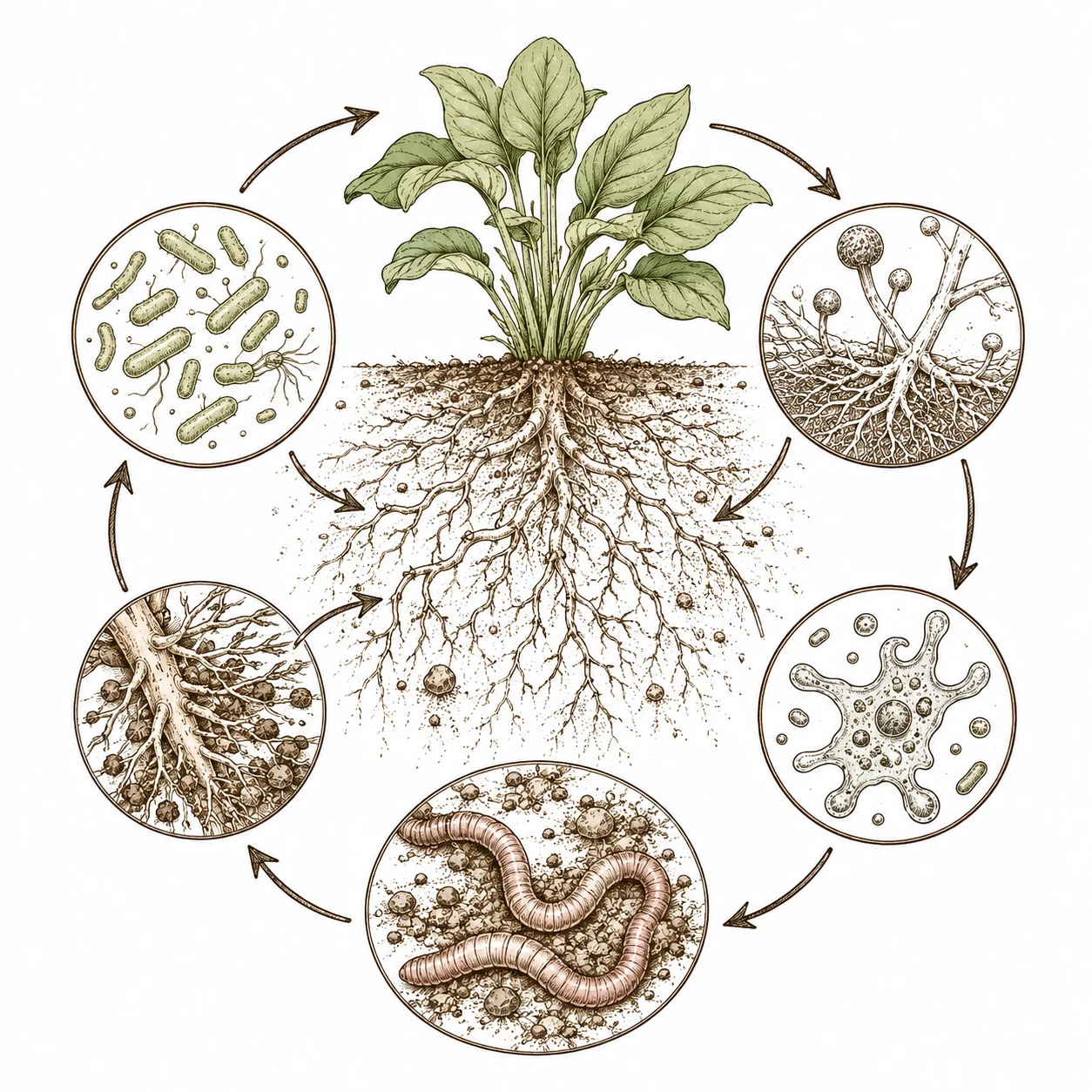 Cannabis Living Soil Nahrungsnetz im Boden mit Bakterien, Pilzen und Würmern