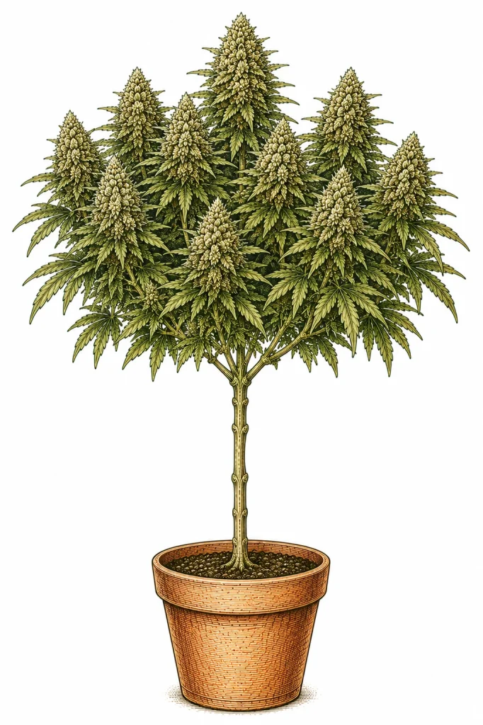 Cannabis Lollipopping — kahler unterer Stamm und üppige Kolas oben