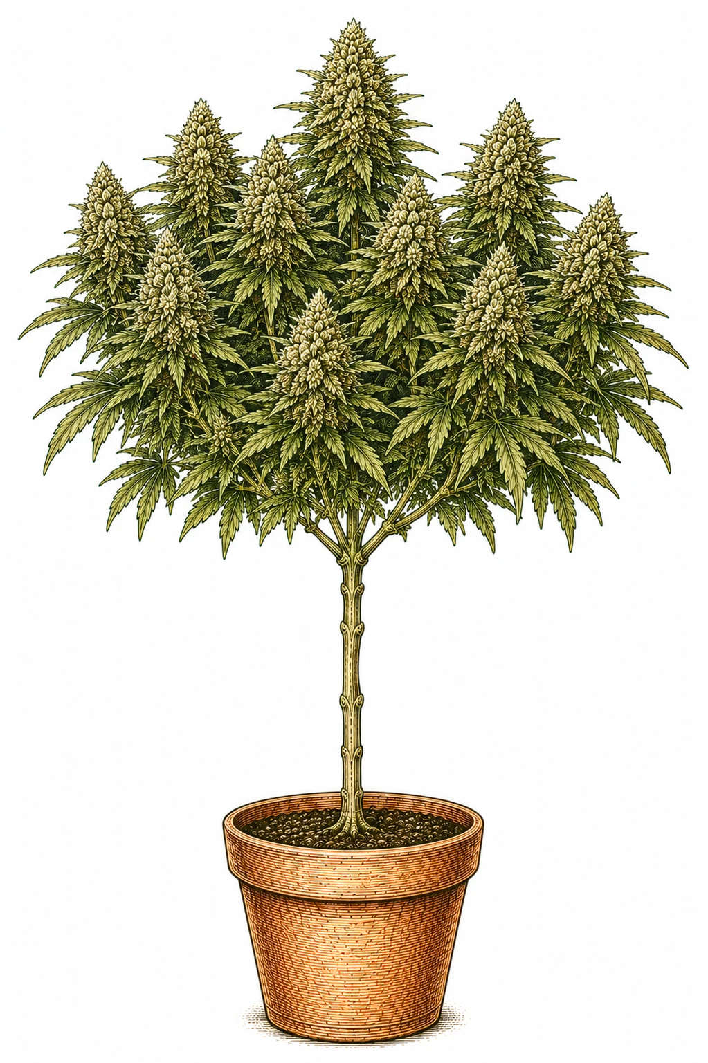 Cannabis Lollipopping — kahler unterer Stamm und üppige Kolas oben