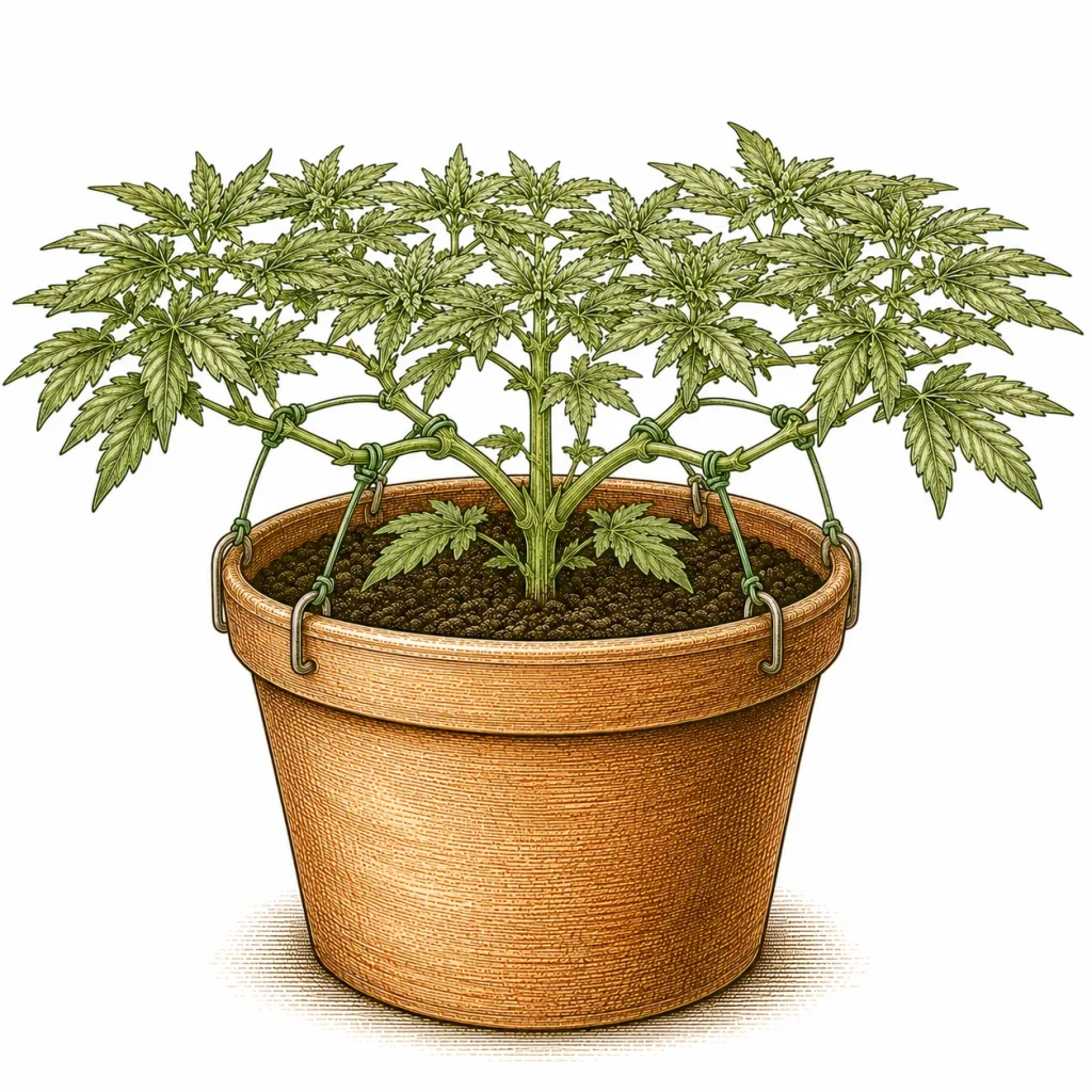 Cannabis LST — Äste mit Draht und Haken sanft fixiert für gleichmäßige Kronenebene