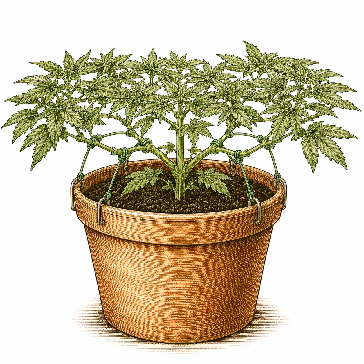 Cannabis LST — Äste mit Draht und Haken sanft fixiert für gleichmäßige Kronenebene