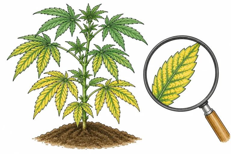 Cannabis Magnesiummangel Eisenmangel Vergilbung zwischen Blattadern