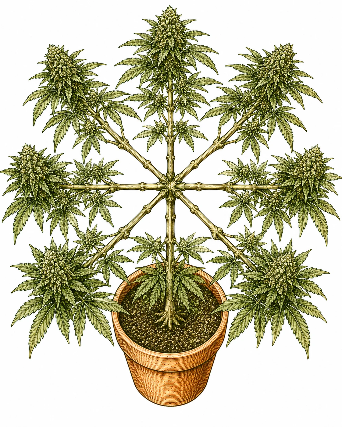 Cannabis Mainlining — symmetrische Struktur mit 8 gleichwertigen Hauptästen