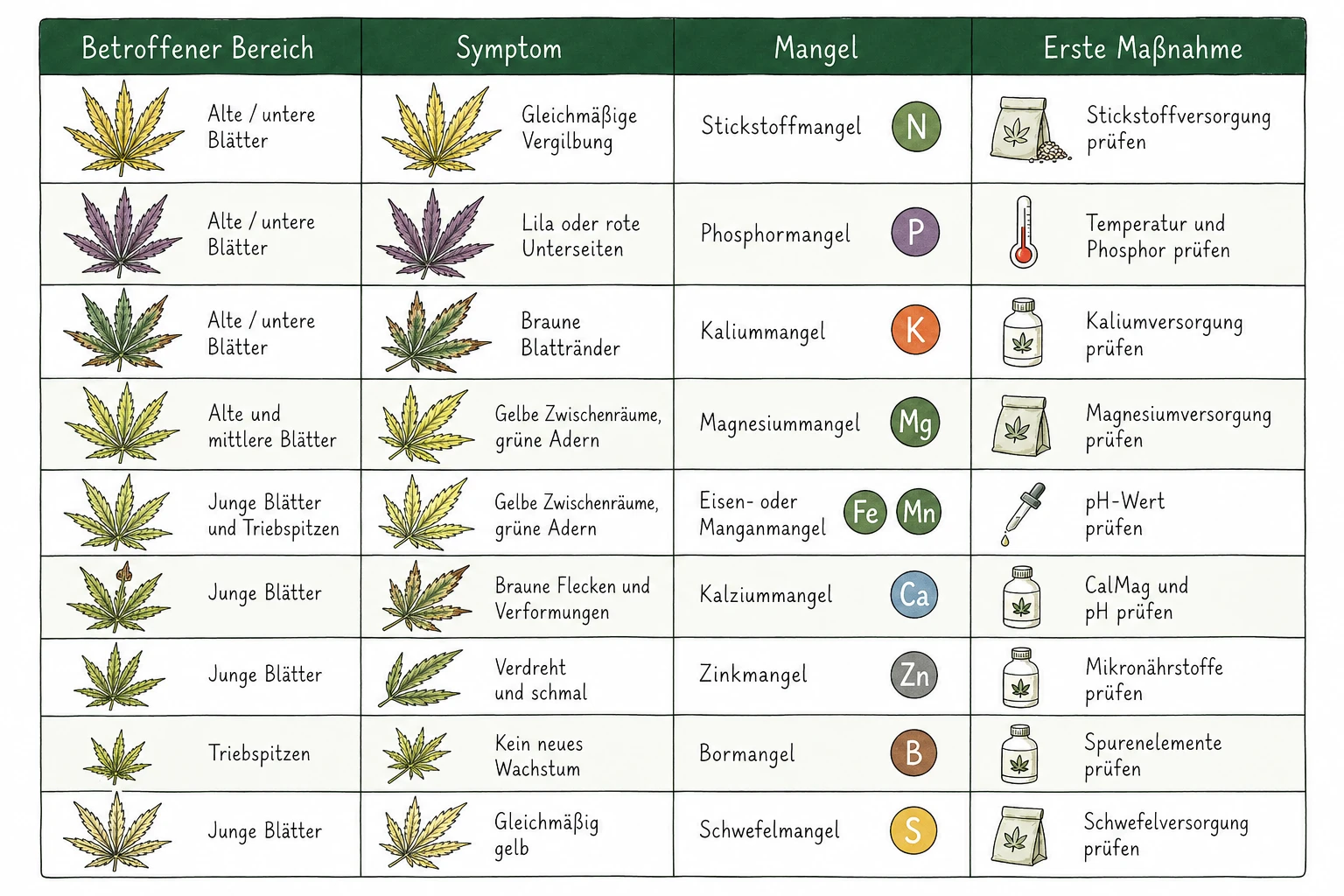 Cannabis Nährstoffmangel Schnelldiagnose-Tabelle: Symptome nach Blattgeneration und Mangel zugeordnet