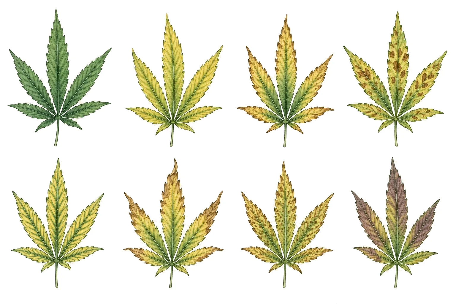 Nährstoffmangel Cannabis — 8 Blätter mit verschiedenen Mangelsymptomen im Vergleich
