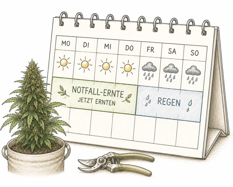 Kalender mit sonnigen Tagen zu Wochenbeginn und Regen zum Wochenende neben einer erntereifen Cannabispflanze