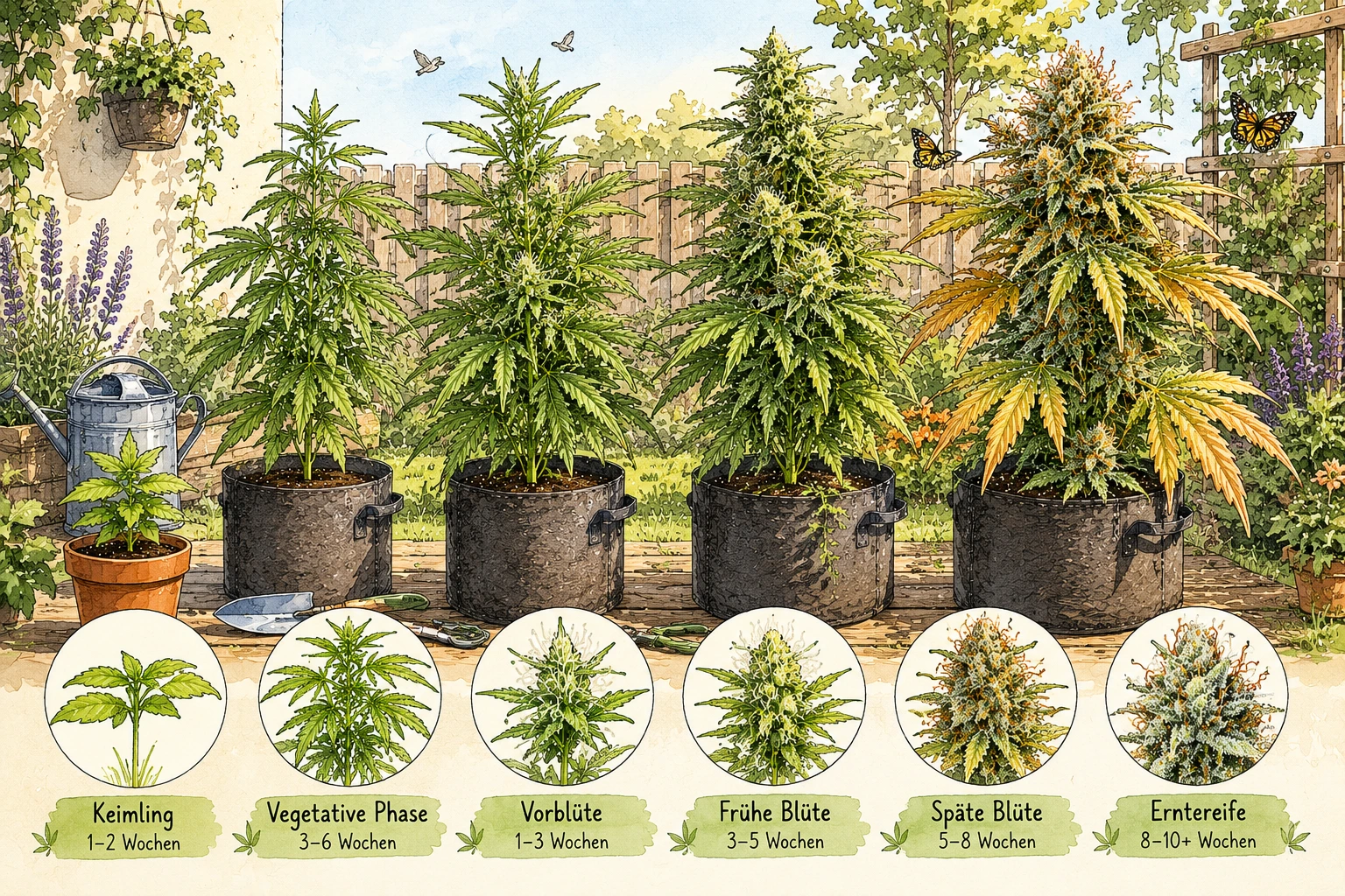 Verschiedene Outdoor Cannabis Pflanzen in unterschiedlichen Blütestadien nebeneinander in einem deutschen Garten