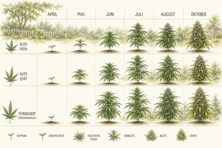 Kalenderdarstellung von April bis Oktober mit Wachstumsphasen verschiedener Cannabis Outdoor Sorten für Deutschland