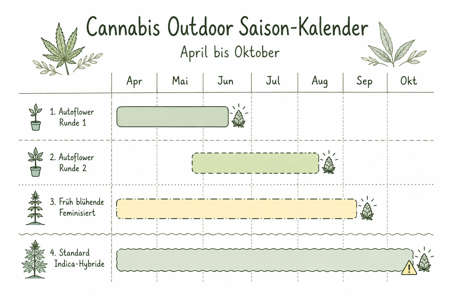 Kalenderdarstellung von April bis Oktober mit Wachstumsphasen verschiedener Cannabis Outdoor Sorten für Deutschland