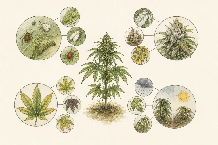 Übersicht häufiger Outdoor Cannabis Probleme mit Schädlingen, Pilzbefall, Nährstoffmangel und Wetterschäden