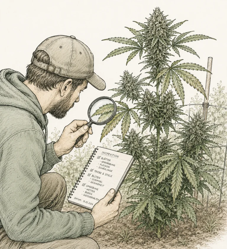 Grower inspiziert eine Outdoor-Cannabispflanze mit Lupe und Notizbuch zur Diagnose von Pflanzenproblemen