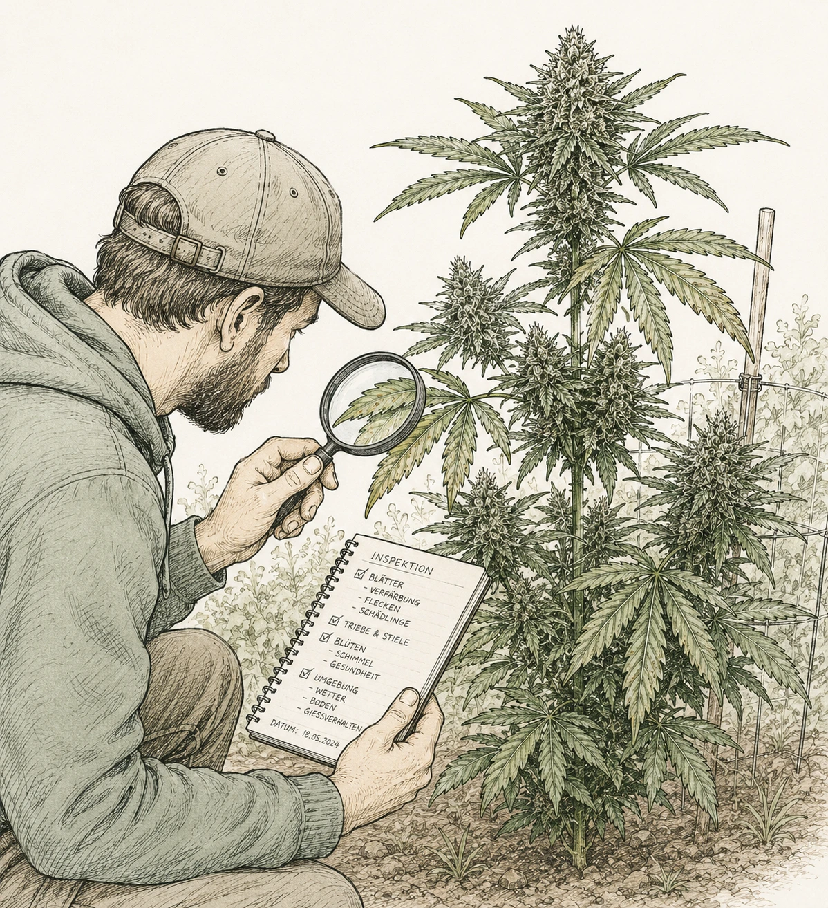 Grower inspiziert eine Outdoor-Cannabispflanze mit Lupe und Notizbuch zur Diagnose von Pflanzenproblemen
