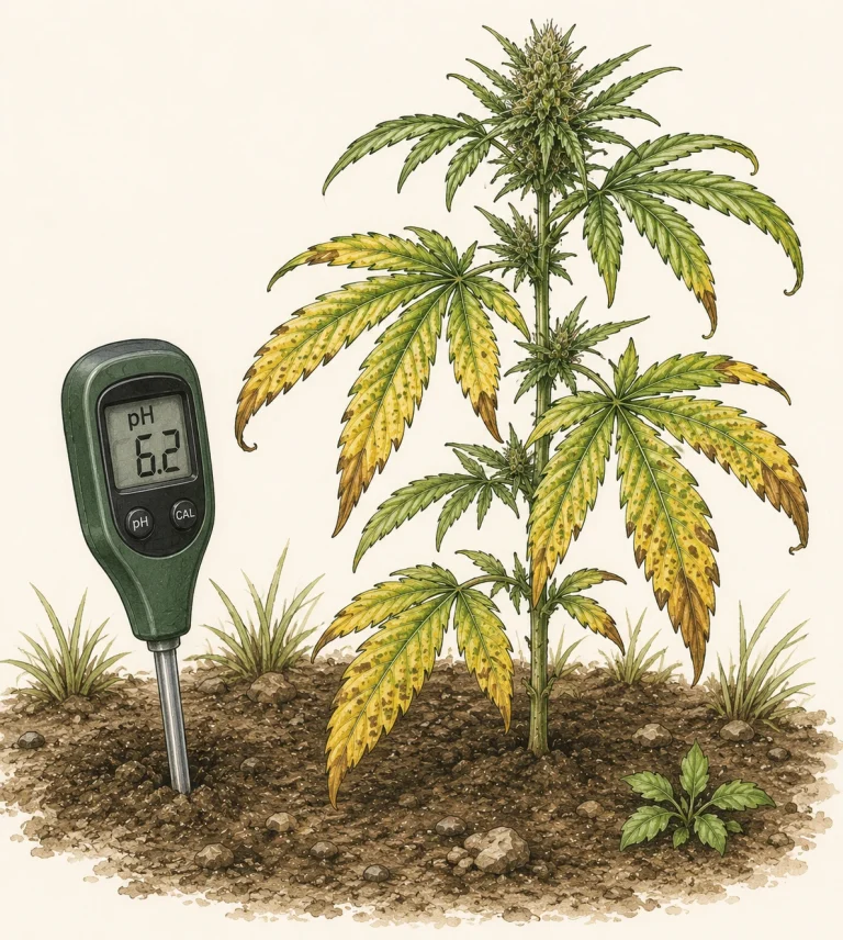 pH-Messgerät im Gartenboden neben einer Cannabispflanze mit pH-bedingten Mangelerscheinungen an den Blättern
