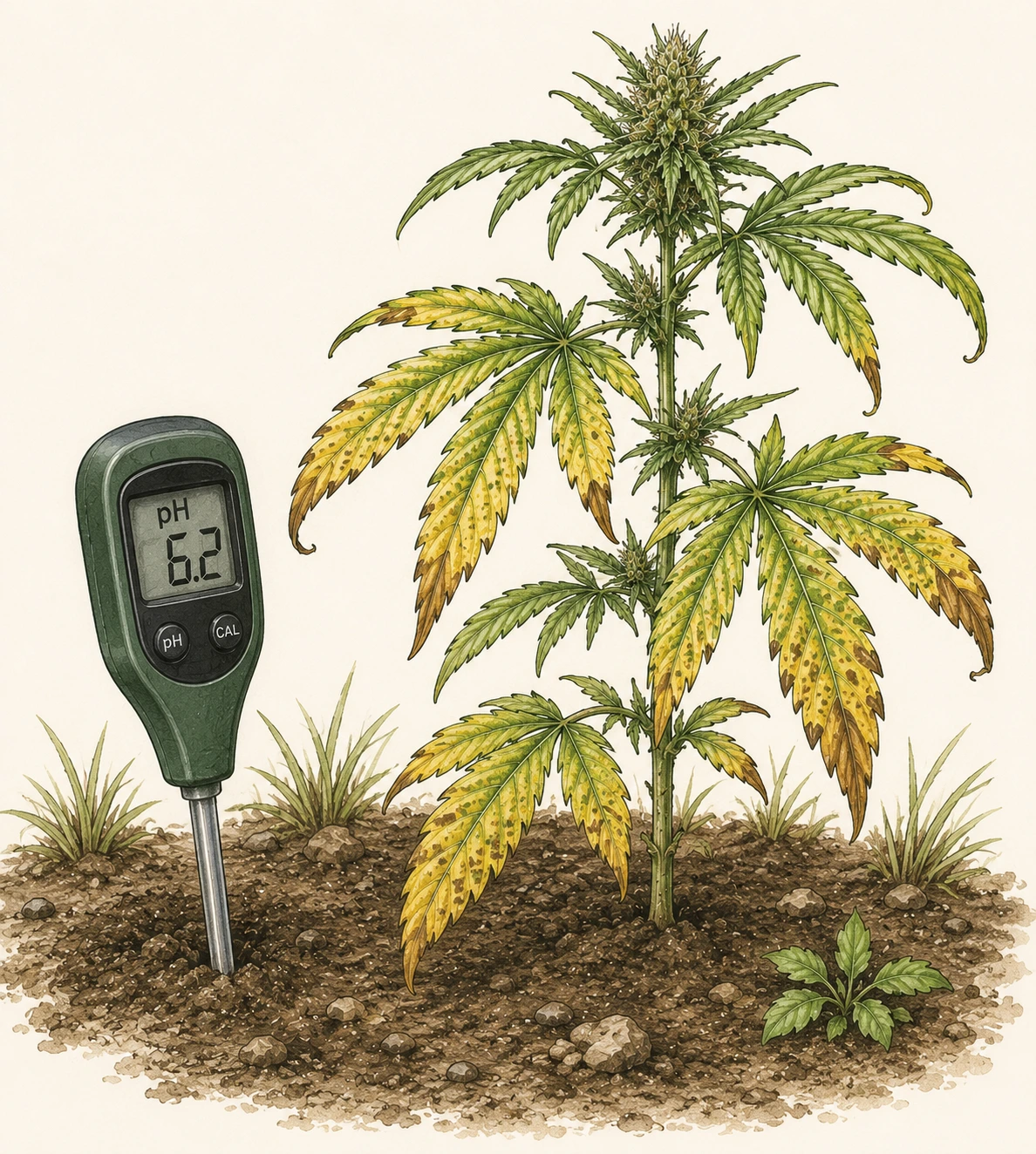 pH-Messgerät im Gartenboden neben einer Cannabispflanze mit pH-bedingten Mangelerscheinungen an den Blättern