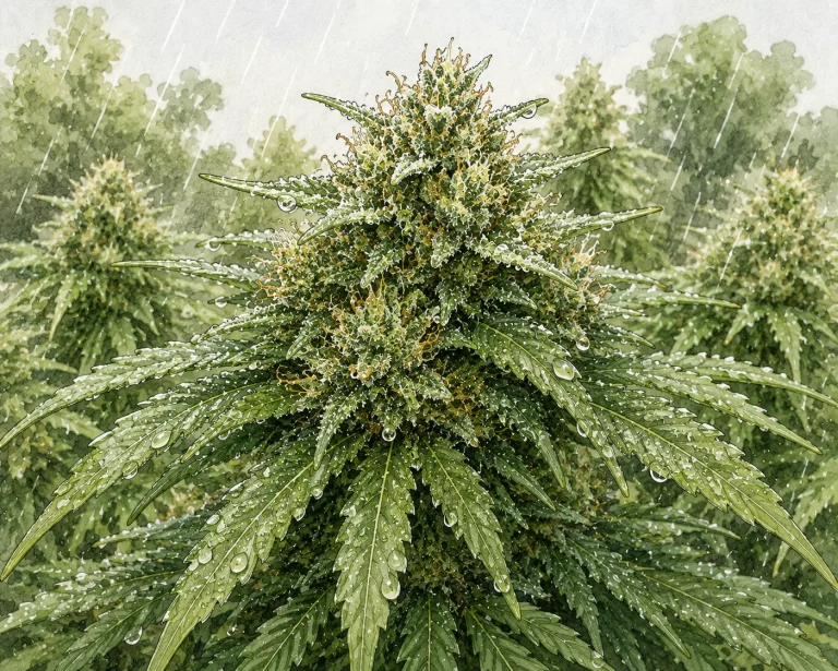 Nahaufnahme gesunder Cannabis Blüten im Regen mit Wassertropfen auf Blättern und Blüten ohne sichtbaren Schimmel