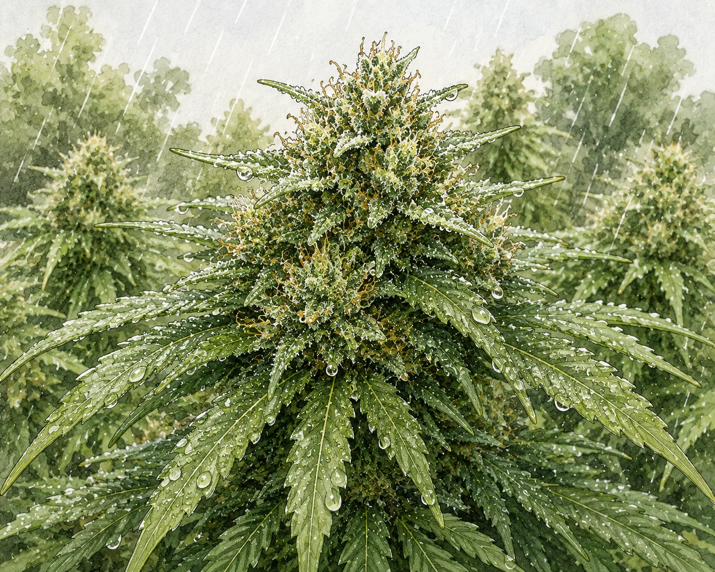 Nahaufnahme gesunder Cannabis Blüten im Regen mit Wassertropfen auf Blättern und Blüten ohne sichtbaren Schimmel