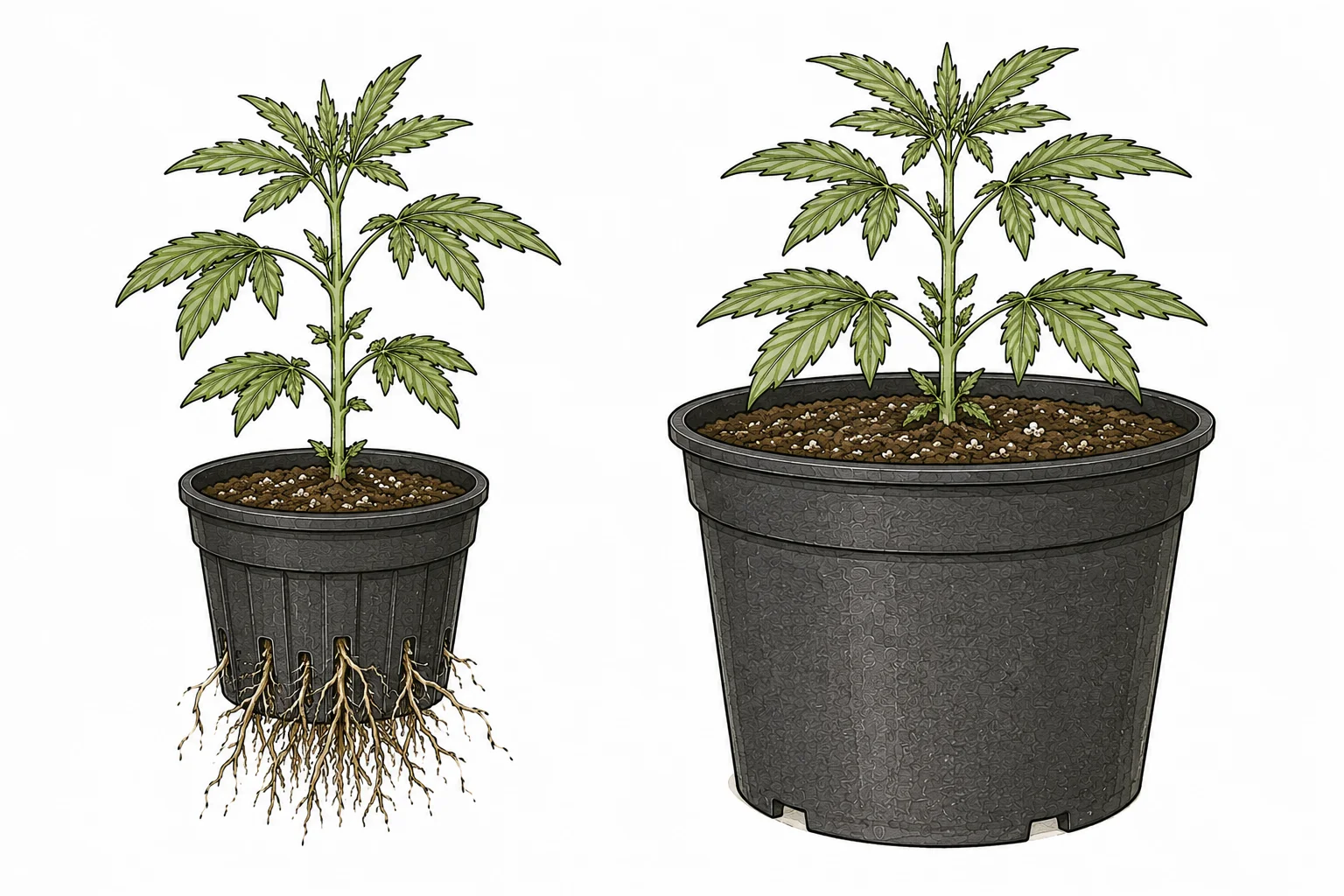 Cannabis Root Bound: zu kleiner Topf mit herauswachsenden Wurzeln neben größerem Topf zum Umtopfen