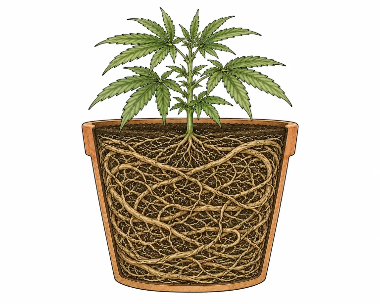 Cannabis Rootbound Wurzeln kreisen im zu kleinen Topf
