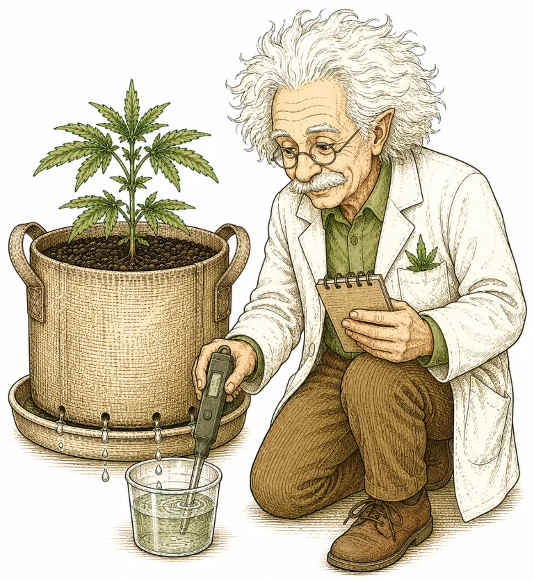 Cannabis Runoff testen am Topfboden mit pH-Messgerät