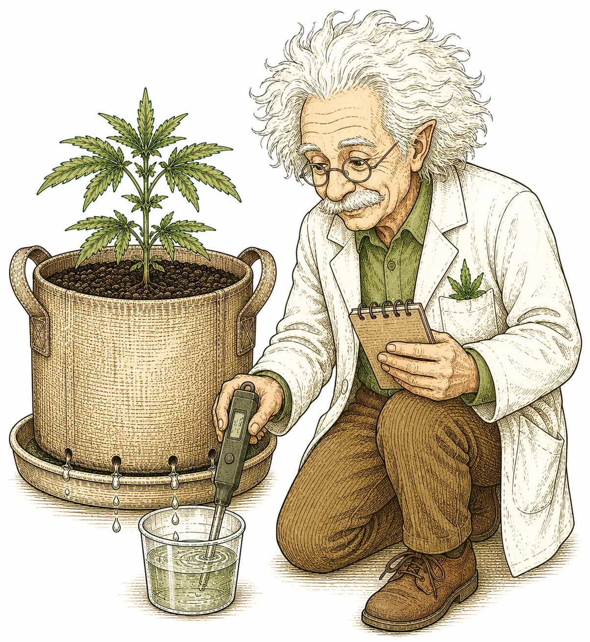 Cannabis Runoff testen am Topfboden mit pH-Messgerät
