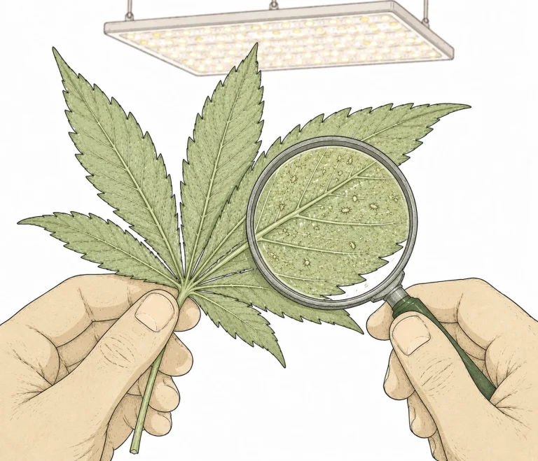 cannabis Schädlinge erkennen — Lupe Blattunterseite kontrollieren