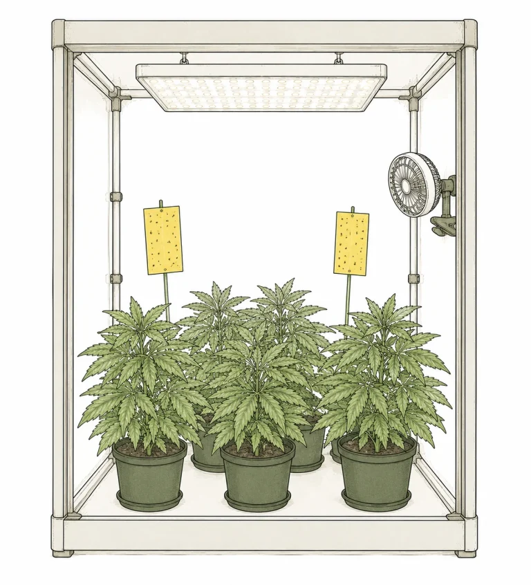 cannabis Schädlinge Prävention — sauberer Growzelt mit Leimfallen