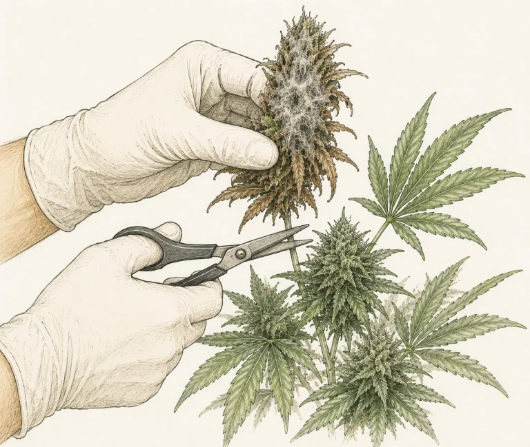Person mit Einweghandschuhen entfernt eine schimmelbefallene Cannabisblüte mit einer sauberen Schere