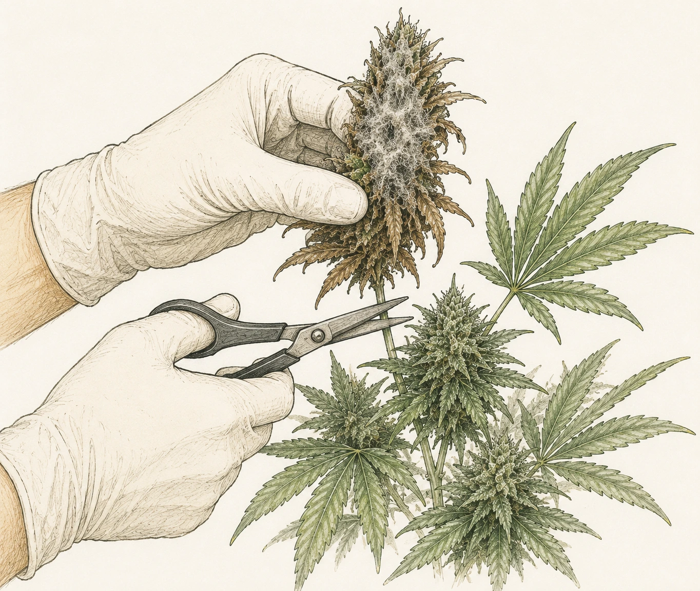 Person mit Einweghandschuhen entfernt eine schimmelbefallene Cannabisblüte mit einer sauberen Schere