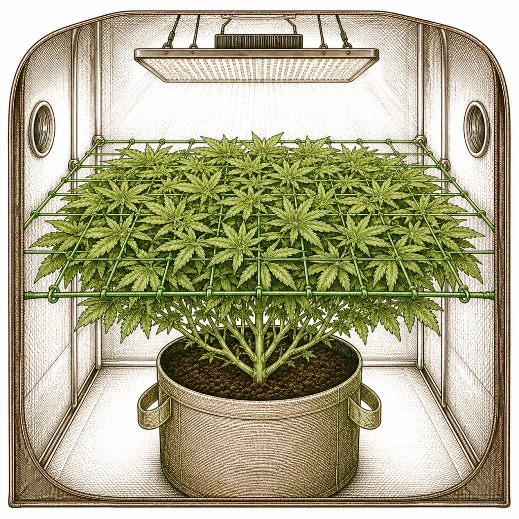 Cannabis SCRoG — Pflanze unter grünem Gitternetz mit gleichmäßigem Blätterteppich unter LED