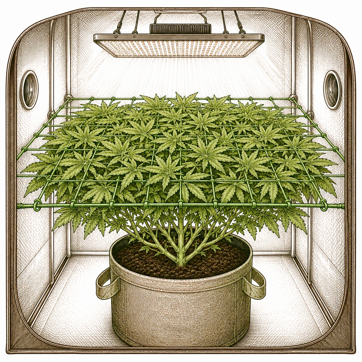 Cannabis SCRoG — Pflanze unter grünem Gitternetz mit gleichmäßigem Blätterteppich unter LED