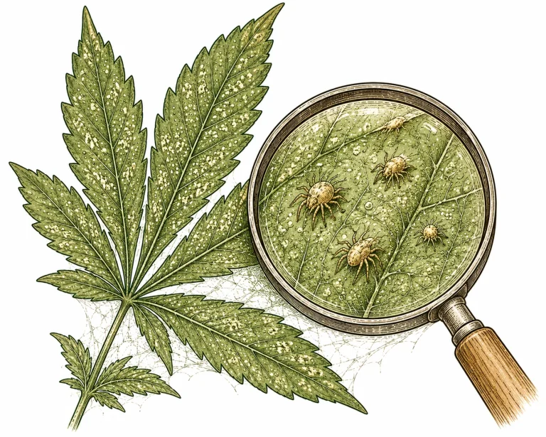 Spinnmilben bekämpfen bei Cannabis — Blatt mit Schadenspunkten und Lupe mit sichtbaren Spinnmilben