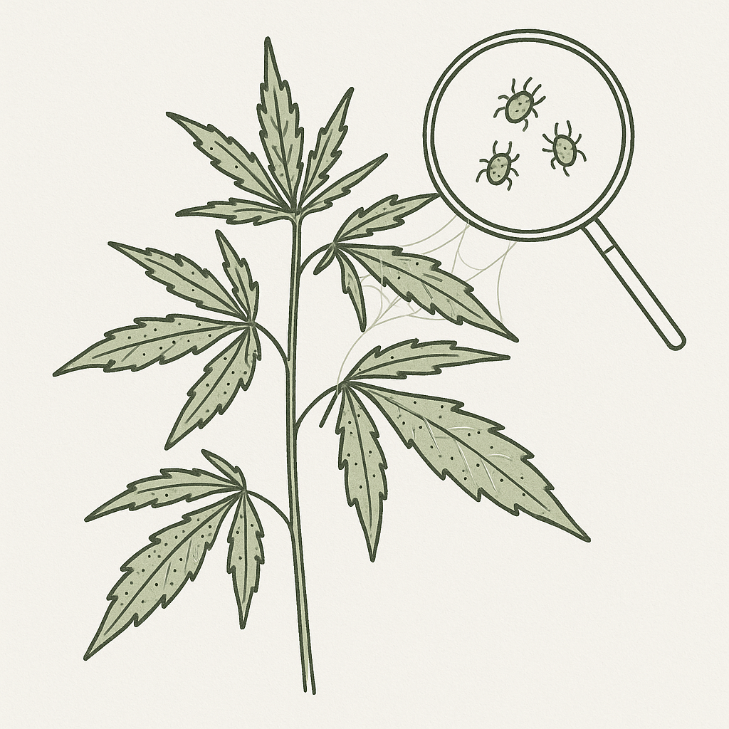 Spinnmilben bekämpfen bei Cannabis – Blatt mit Schadenspunkten und Lupe