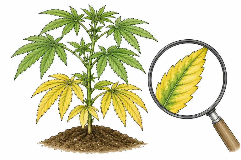Nahaufnahme einer Cannabis-Pflanze mit leicht vergilbenden unteren Blättern als erstes Zeichen eines Nährstoffmangels