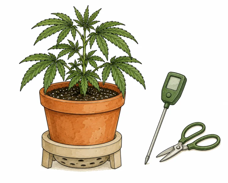Cannabistopf auf erhöhtem Untersetzer mit Drainagelöchern, daneben Feuchtigkeitsmesser und Schere