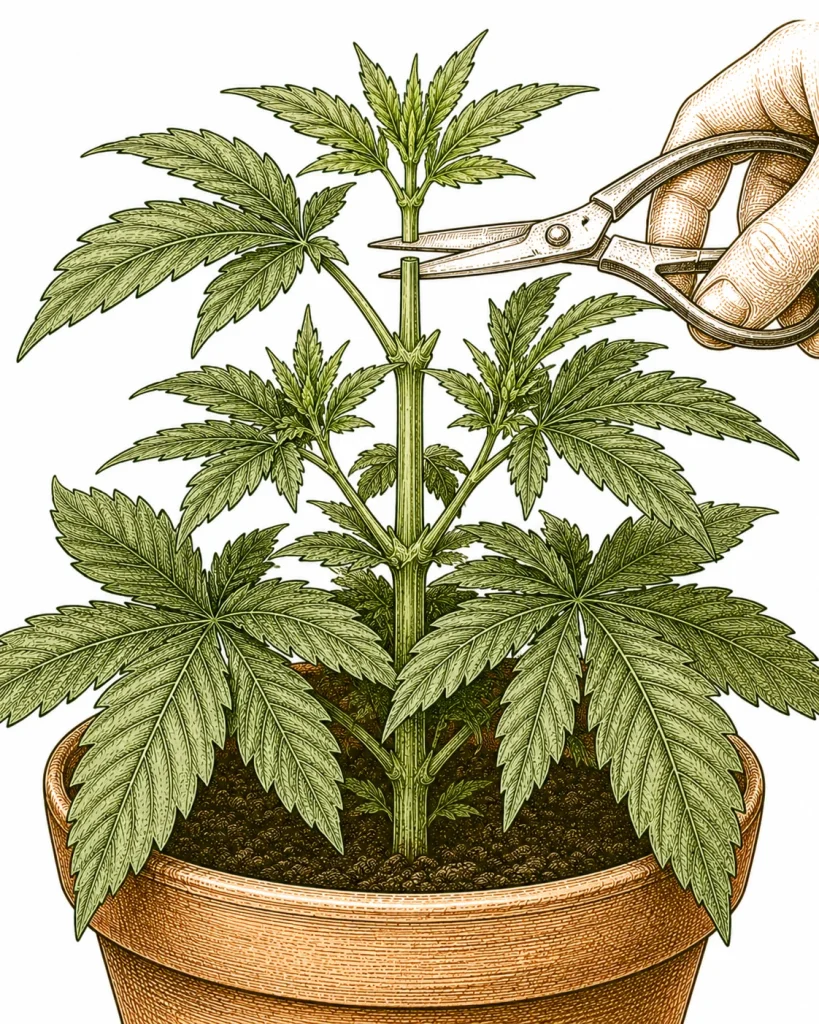 Cannabis Topping — Schere schneidet den Haupttrieb zwischen Nodium 5 und 6