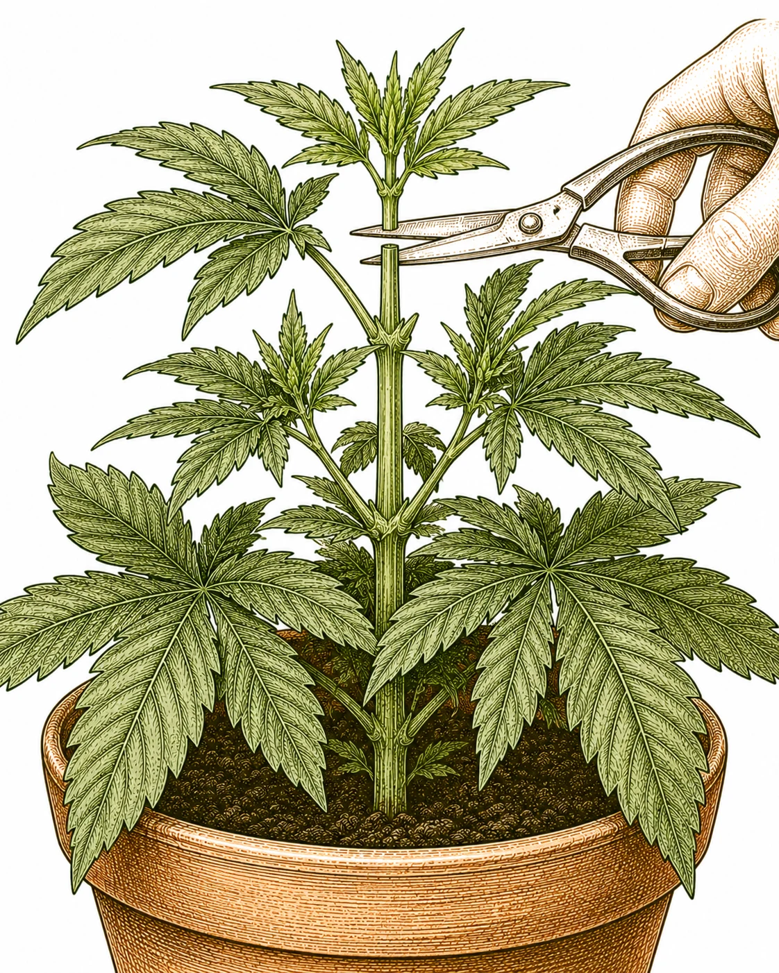 Cannabis Topping — Schere schneidet den Haupttrieb zwischen Nodium 5 und 6
