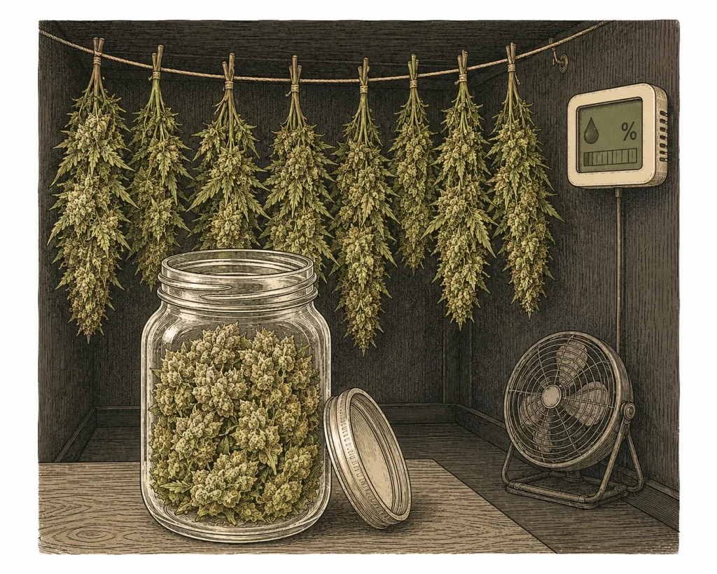 Cannabis Trocknungsfehler vermeiden - Trockenraum mit Hygrometer und Mason Jar